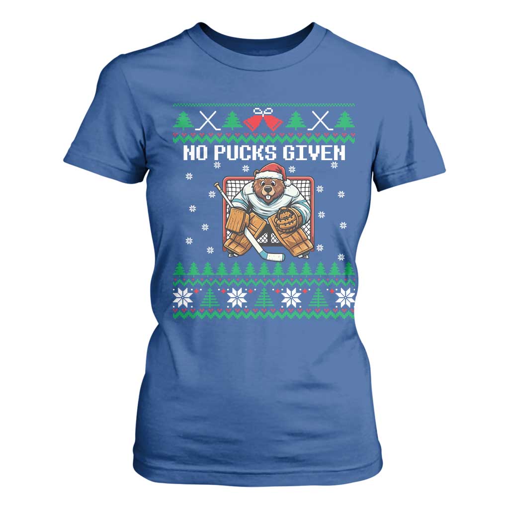 Ugly Christmas Sweater Beaver Ice Hockey Goalie T Shirt For Women No Pucks Given TS12 Royal Blue Print Your Wear