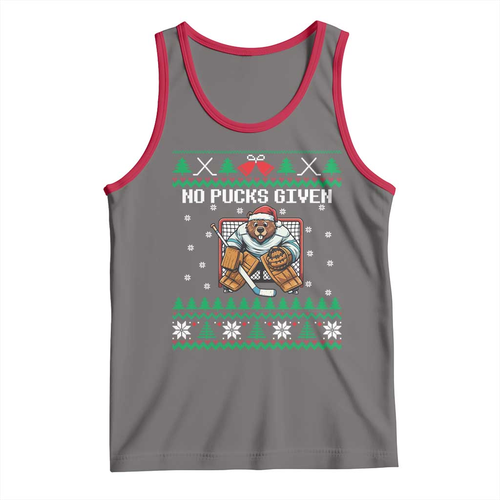 Ugly Christmas Sweater Beaver Ice Hockey Goalie Tank Top No Pucks Given TS12 Deep Heather Red Print Your Wear