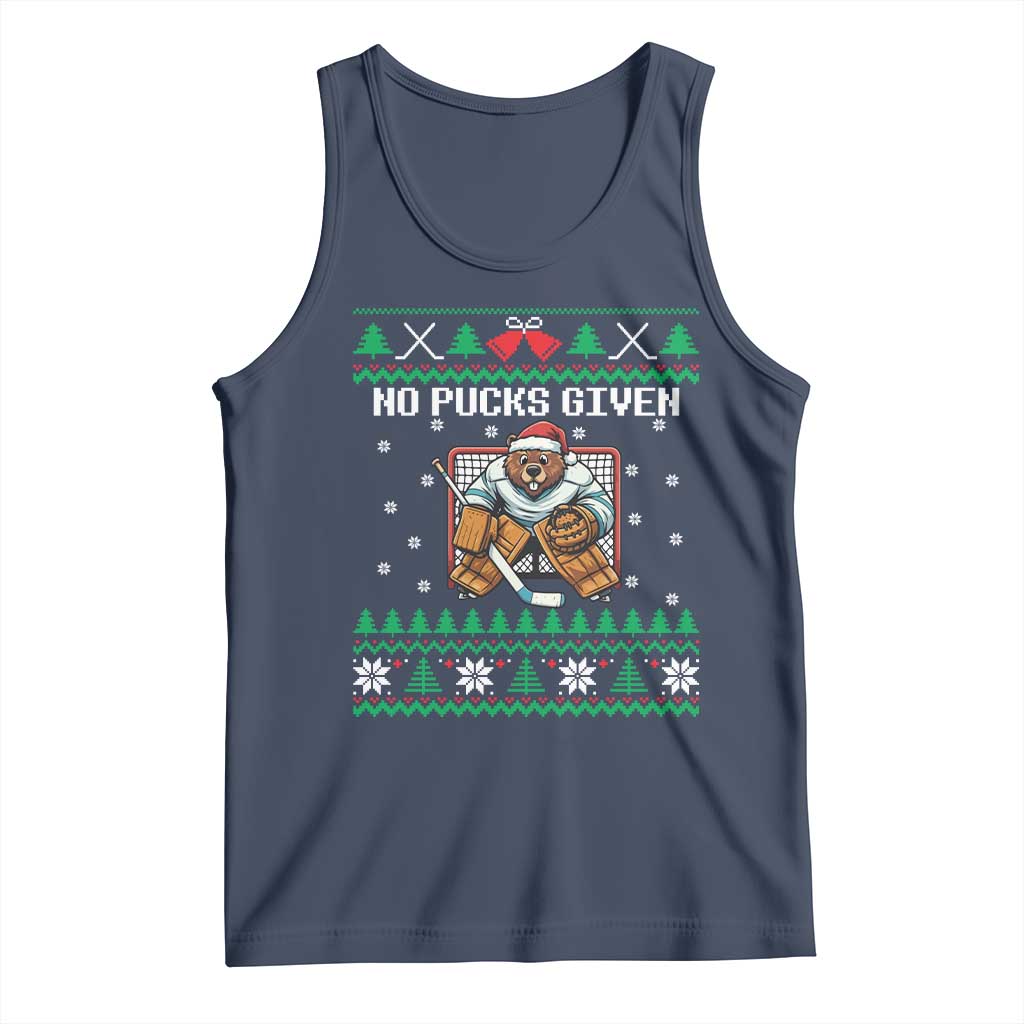 Ugly Christmas Sweater Beaver Ice Hockey Goalie Tank Top No Pucks Given TS12 Navy Print Your Wear