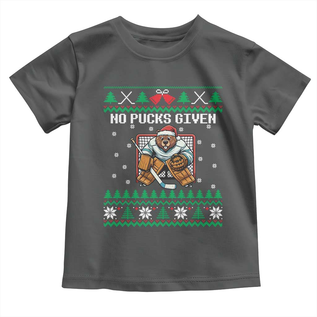 Ugly Christmas Sweater Beaver Ice Hockey Goalie Toddler T Shirt No Pucks Given TS12 Dark Heather Print Your Wear