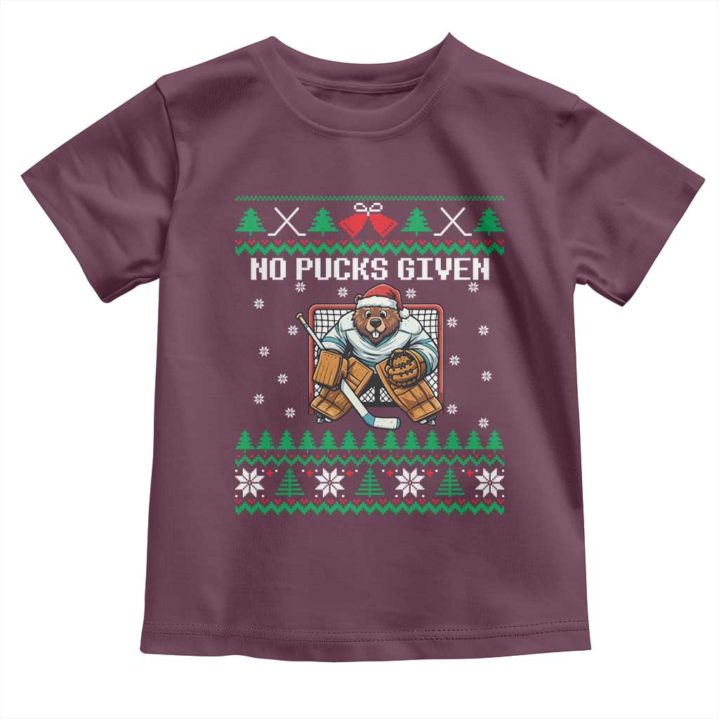 Ugly Christmas Sweater Beaver Ice Hockey Goalie Toddler T Shirt No Pucks Given TS12 Maroon Print Your Wear