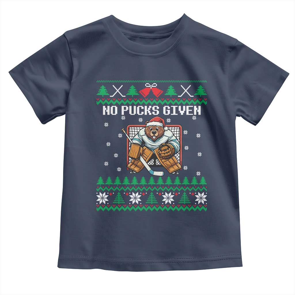 Ugly Christmas Sweater Beaver Ice Hockey Goalie Toddler T Shirt No Pucks Given TS12 Navy Print Your Wear
