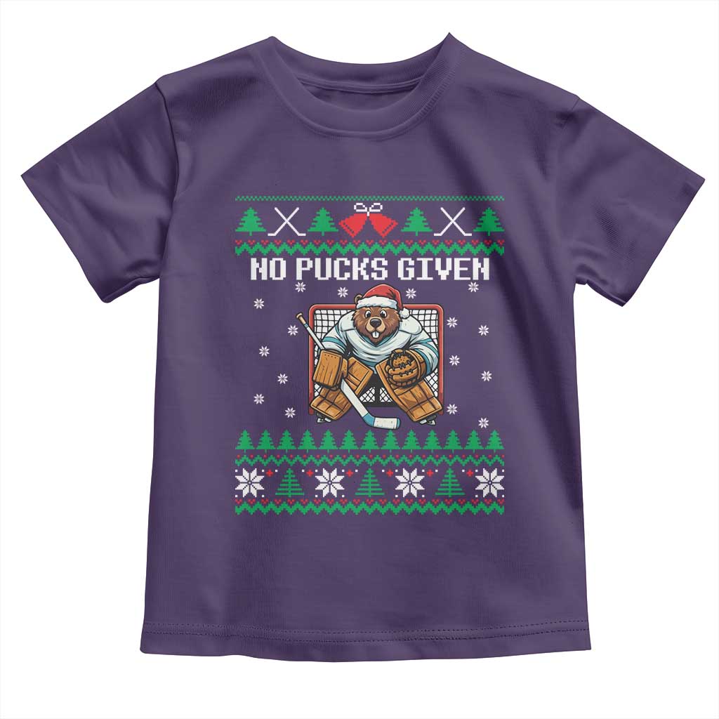 Ugly Christmas Sweater Beaver Ice Hockey Goalie Toddler T Shirt No Pucks Given TS12 Purple Print Your Wear