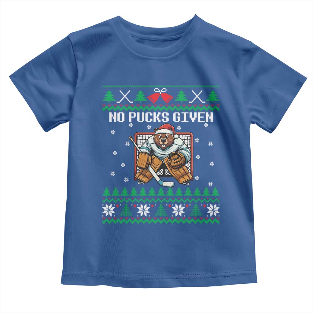 Ugly Christmas Sweater Beaver Ice Hockey Goalie Toddler T Shirt No Pucks Given TS12 Royal Blue Print Your Wear