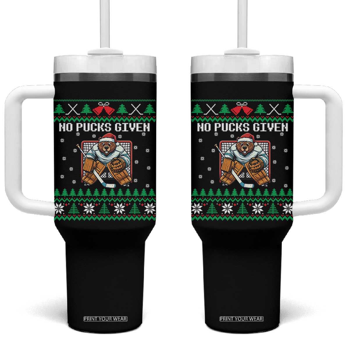 Ugly Christmas Sweater Beaver Ice Hockey Goalie Tumbler With Handle No Pucks Given TS12 One Size: 40 oz Black Print Your Wear