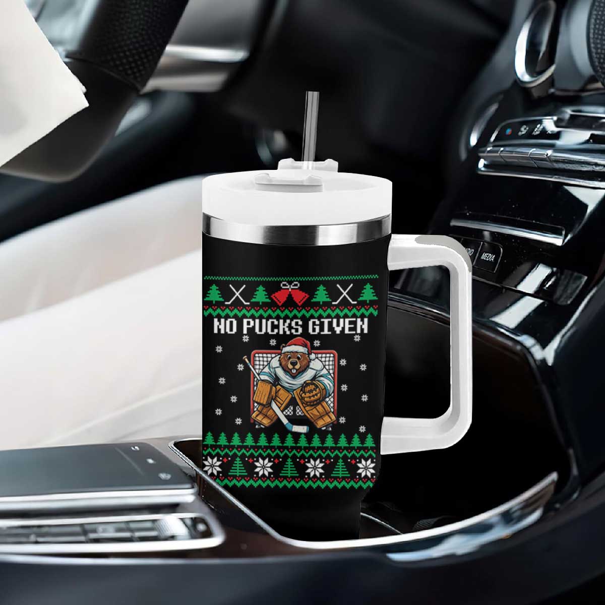 Ugly Christmas Sweater Beaver Ice Hockey Goalie Tumbler With Handle No Pucks Given TS12 Print Your Wear