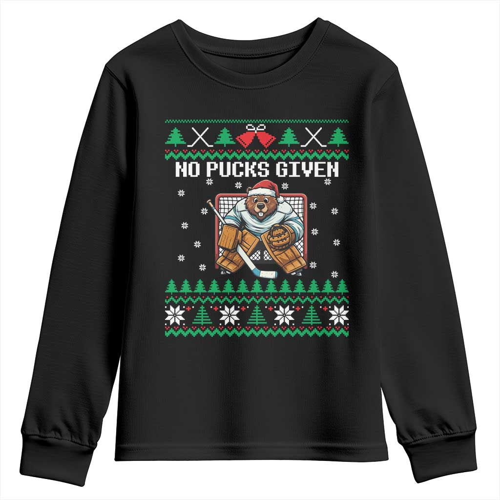 Ugly Christmas Sweater Beaver Ice Hockey Goalie Youth Sweatshirt No Pucks Given TS12 Black Print Your Wear