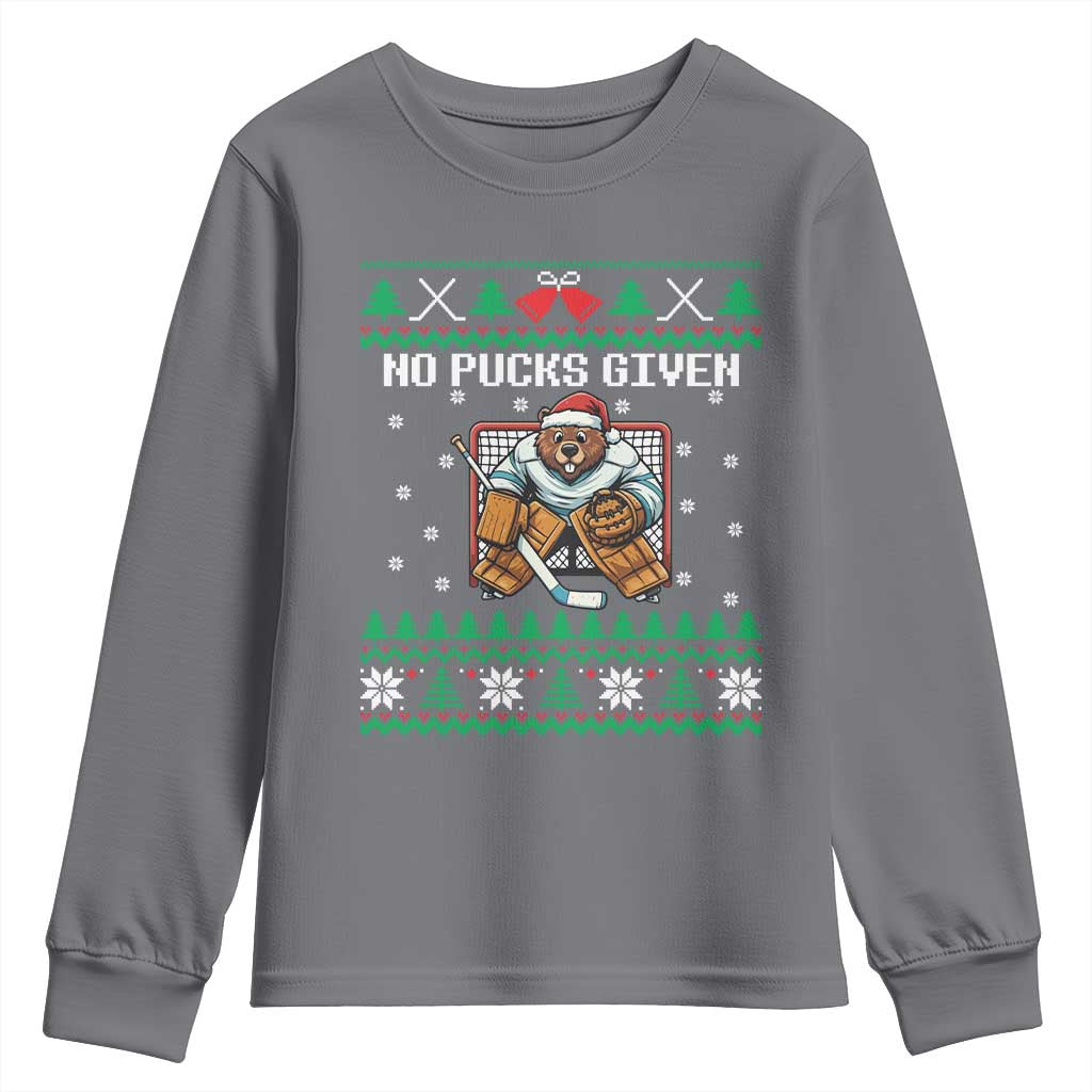 Ugly Christmas Sweater Beaver Ice Hockey Goalie Youth Sweatshirt No Pucks Given TS12 Charcoal Print Your Wear