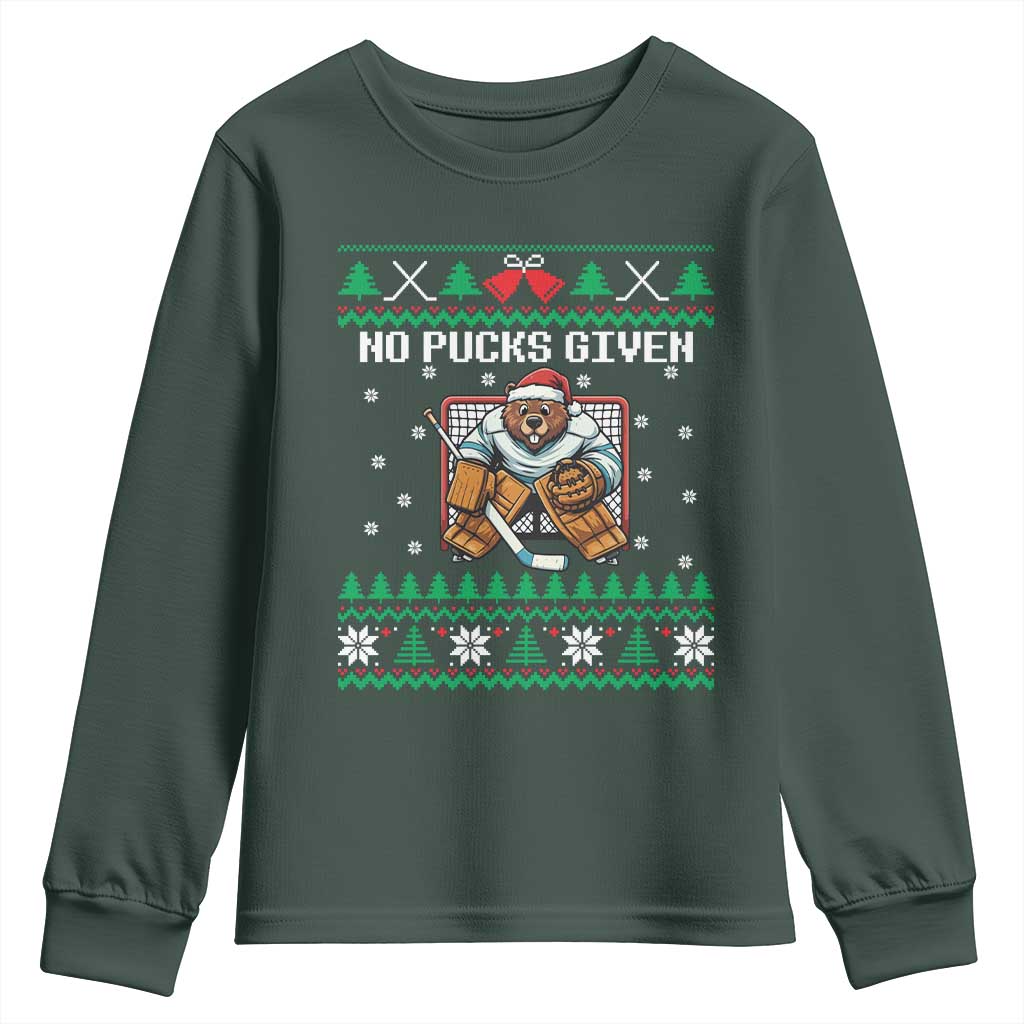 Ugly Christmas Sweater Beaver Ice Hockey Goalie Youth Sweatshirt No Pucks Given TS12 Dark Forest Green Print Your Wear