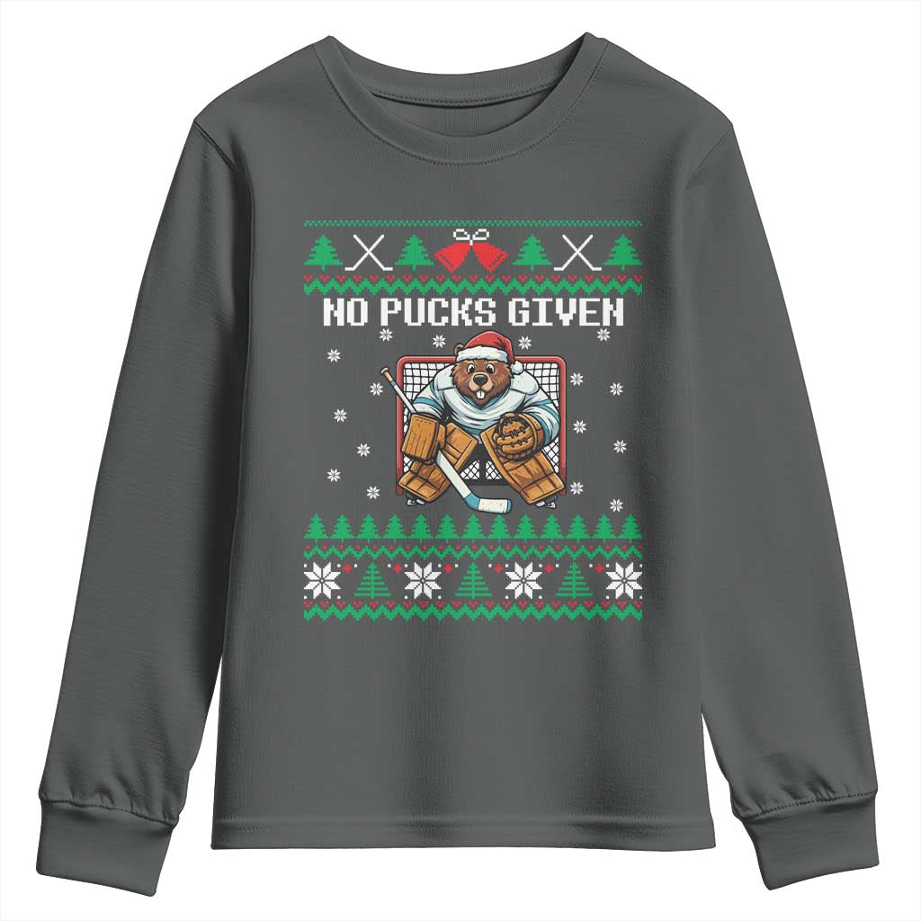 Ugly Christmas Sweater Beaver Ice Hockey Goalie Youth Sweatshirt No Pucks Given TS12 Dark Heather Print Your Wear