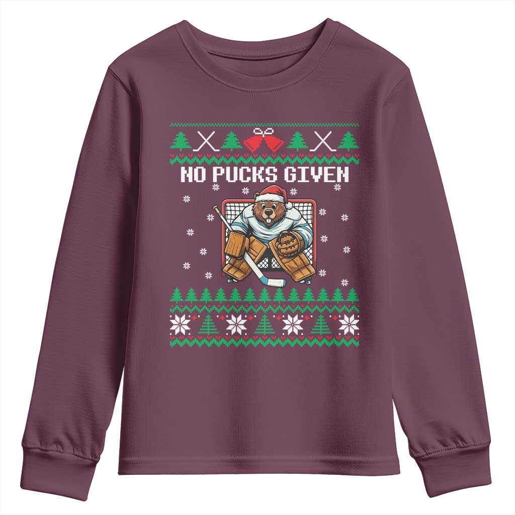 Ugly Christmas Sweater Beaver Ice Hockey Goalie Youth Sweatshirt No Pucks Given TS12 Maroon Print Your Wear