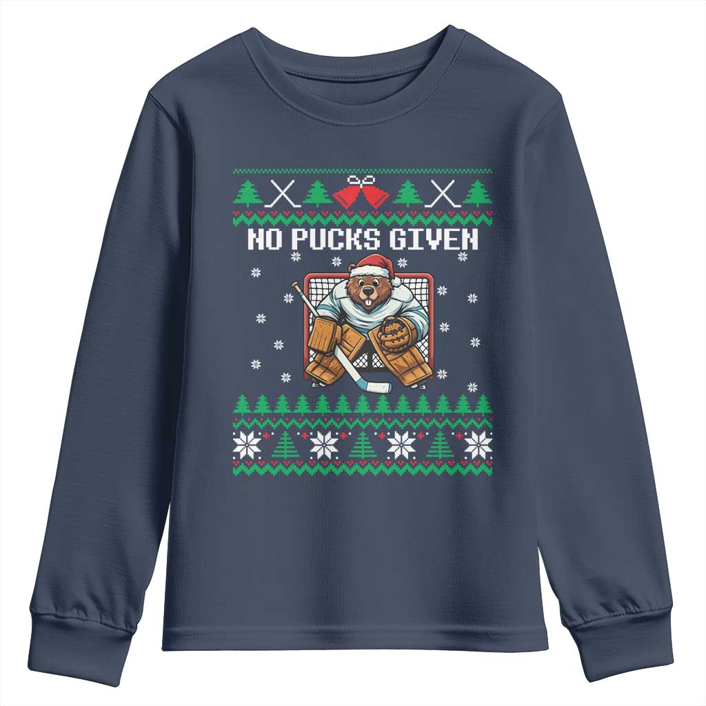 Ugly Christmas Sweater Beaver Ice Hockey Goalie Youth Sweatshirt No Pucks Given TS12 Navy Print Your Wear
