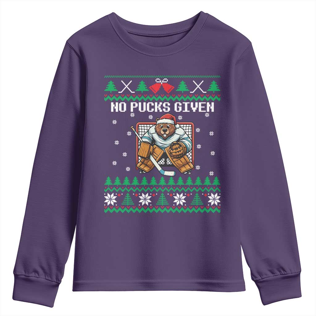 Ugly Christmas Sweater Beaver Ice Hockey Goalie Youth Sweatshirt No Pucks Given TS12 Purple Print Your Wear