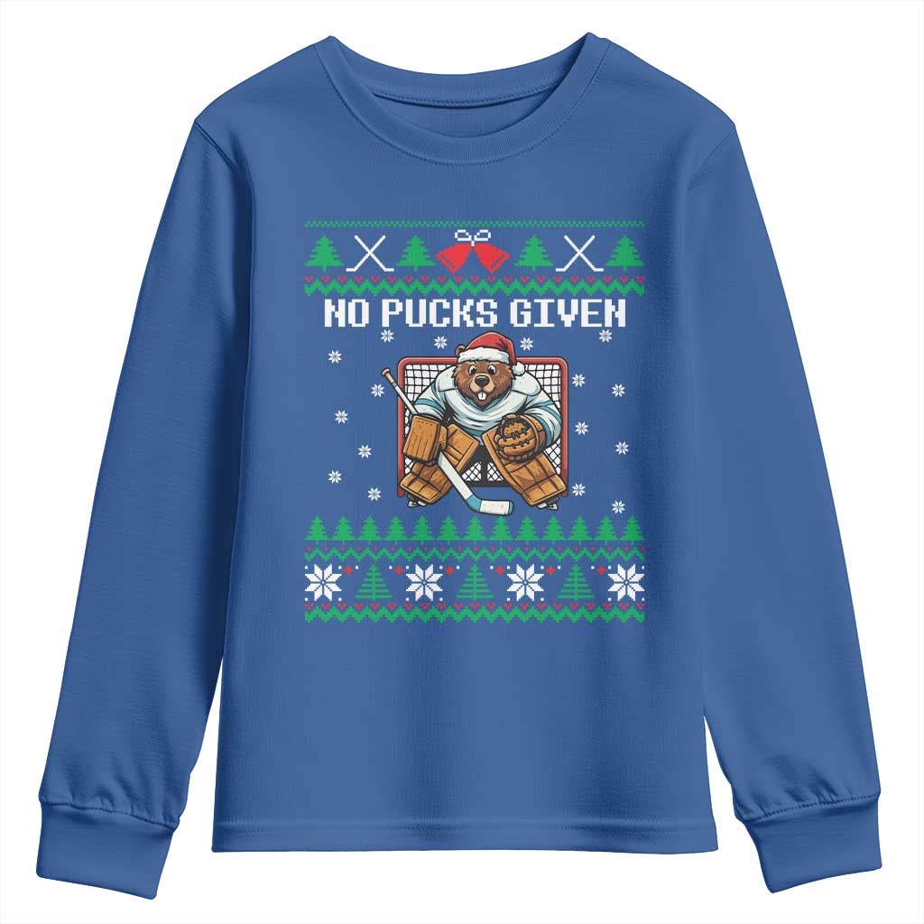 Ugly Christmas Sweater Beaver Ice Hockey Goalie Youth Sweatshirt No Pucks Given TS12 Royal Blue Print Your Wear