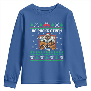 Ugly Christmas Sweater Beaver Ice Hockey Goalie Youth Sweatshirt No Pucks Given TS12 Royal Blue Print Your Wear