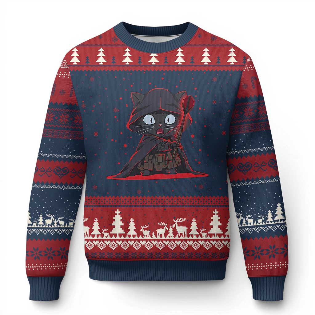 Funny Cat Vader Kitten Playing Darts Ugly Christmas Sweater Space Scifi Dartist Gift TS12 Navy Red Print Your Wear
