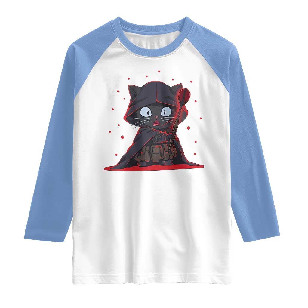 Funny Cat Vader Kitten Playing Darts Raglan Shirt Space Scifi Dartist Gift TS12 White Carolina Blue Print Your Wear