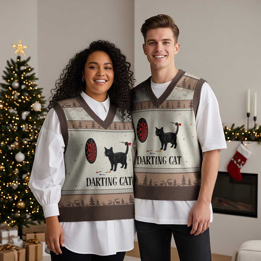 Funny Black Cat Darts Player V-Neck Knit Sweater Vest Darting Cat Dartist Gift TS12 Mocha Mousse Print Your Wear