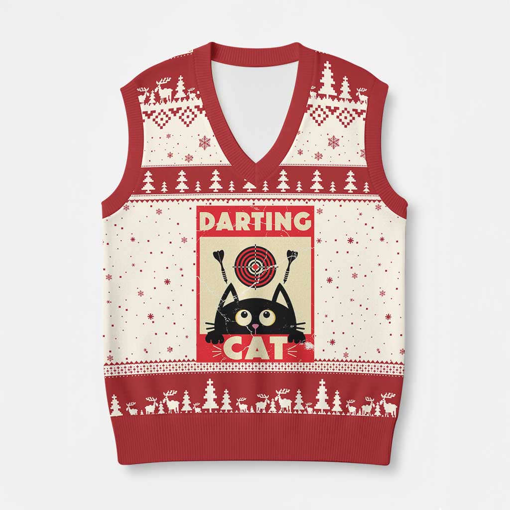 Black Cat Dart Thrower V-Neck Knit Sweater Vest Cat Lover Dartist Gift TS12 Beige Red Print Your Wear