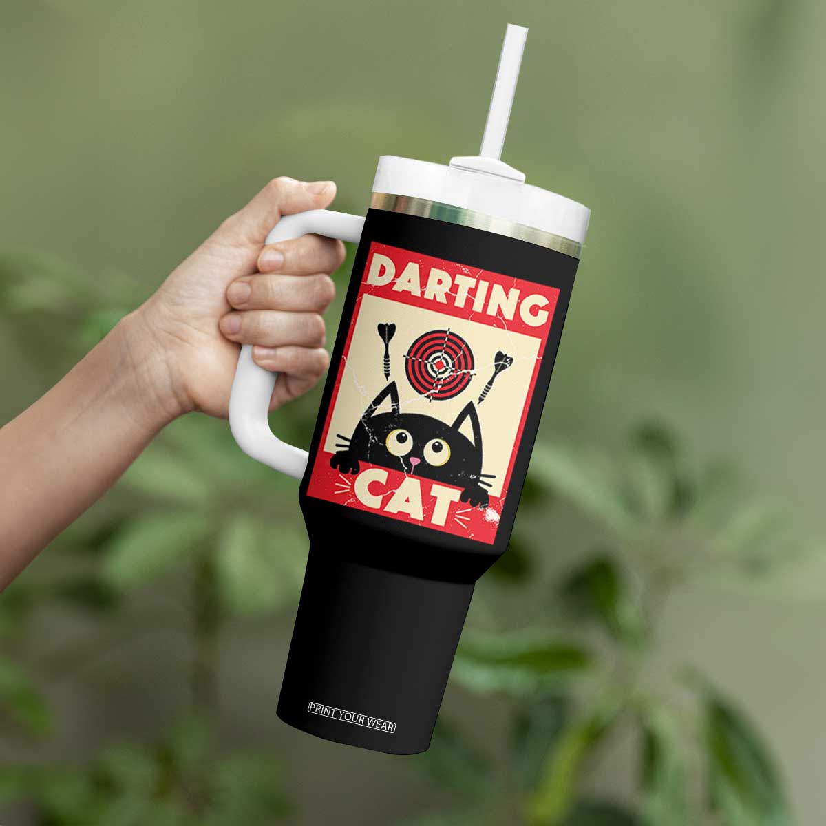Black Cat Dart Thrower Tumbler With Handle Cat Lover Dartist Gift TS12 Print Your Wear