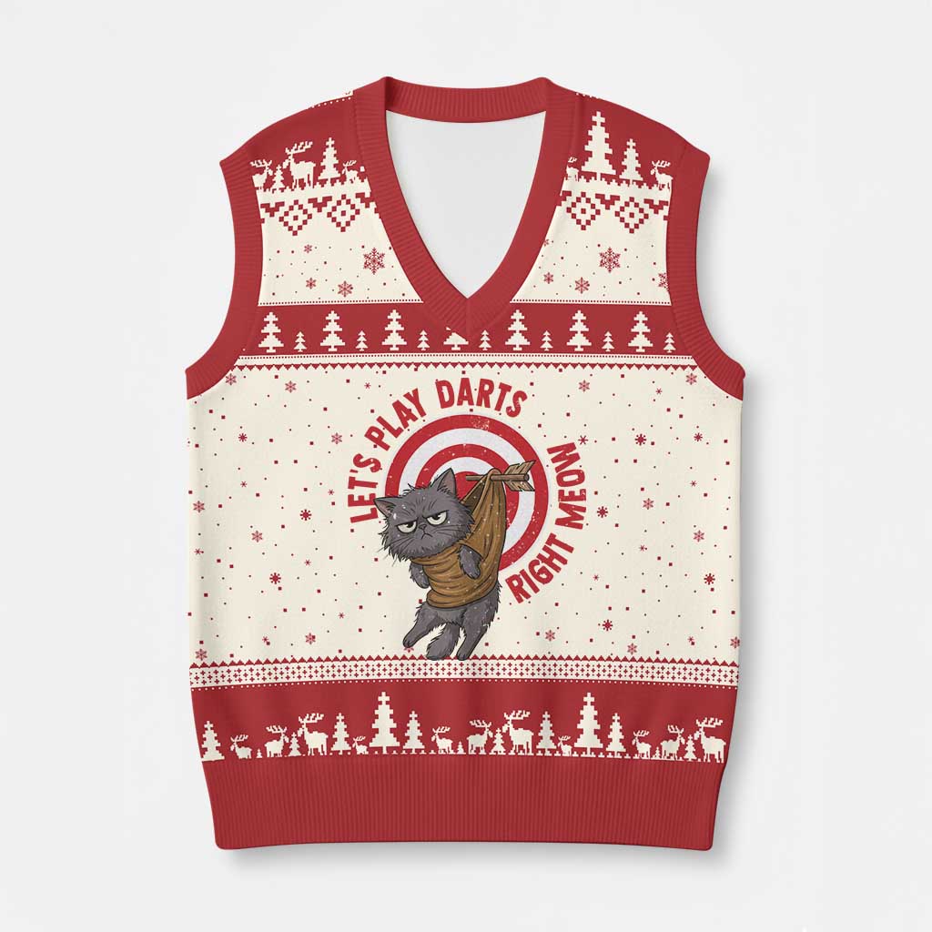 Funny Cat Darts Lover V-Neck Knit Sweater Vest Lets Play Darts Right Meow TS12 Beige Red Print Your Wear