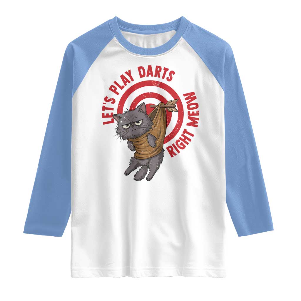 Funny Cat Darts Lover Raglan Shirt Lets Play Darts Right Meow TS12 White Carolina Blue Print Your Wear