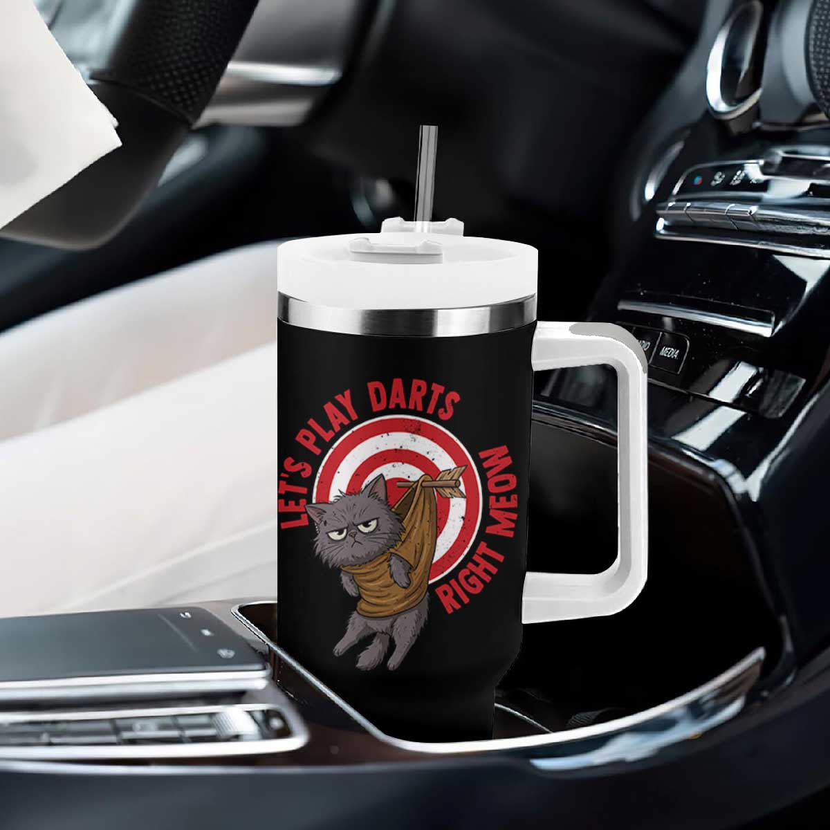 Funny Cat Darts Lover Tumbler With Handle Lets Play Darts Right Meow TS12 Print Your Wear