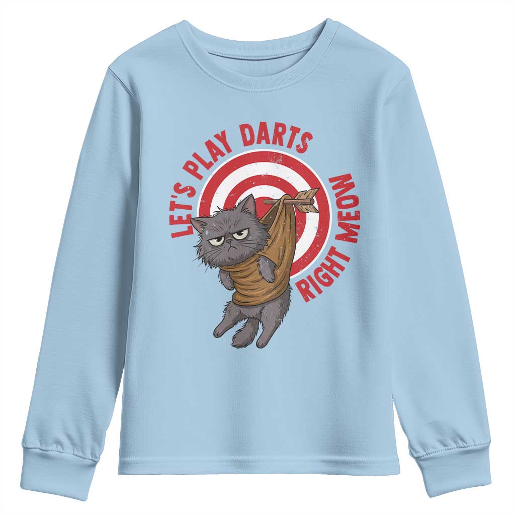 Funny Cat Darts Lover Youth Sweatshirt Lets Play Darts Right Meow TS12 Light Blue Print Your Wear