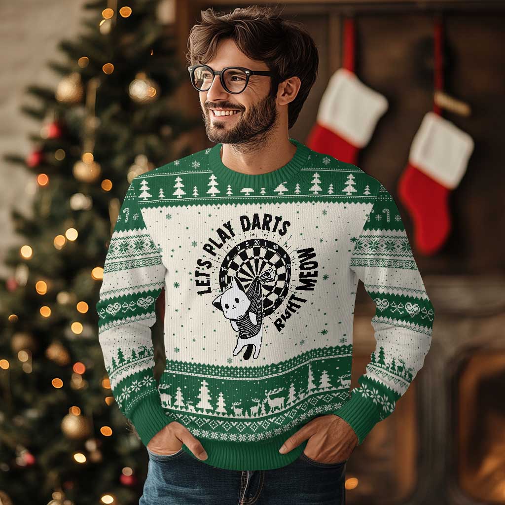 Lets Play Darts Right Meow Ugly Christmas Sweater Cute Cat Dart Player Pub Game Gift TS12 Beige Green Print Your Wear