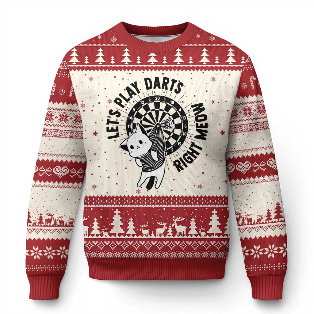 Lets Play Darts Right Meow Ugly Christmas Sweater Cute Cat Dart Player Pub Game Gift TS12 Beige Red Print Your Wear
