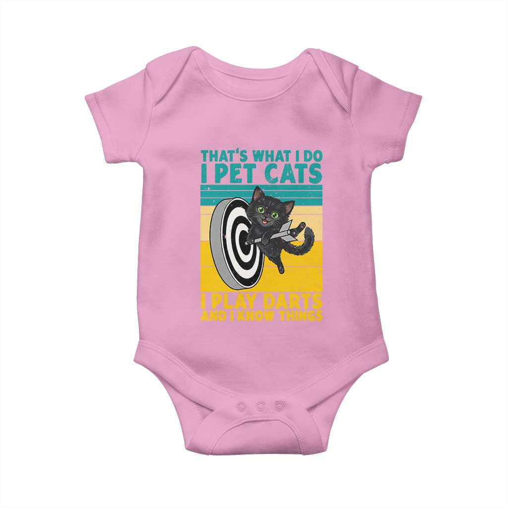 Funny Retro Sunset Cat Darts Baby Onesie I Pet Cats I Play Darts And I Know Things TS12 Light Pink Print Your Wear