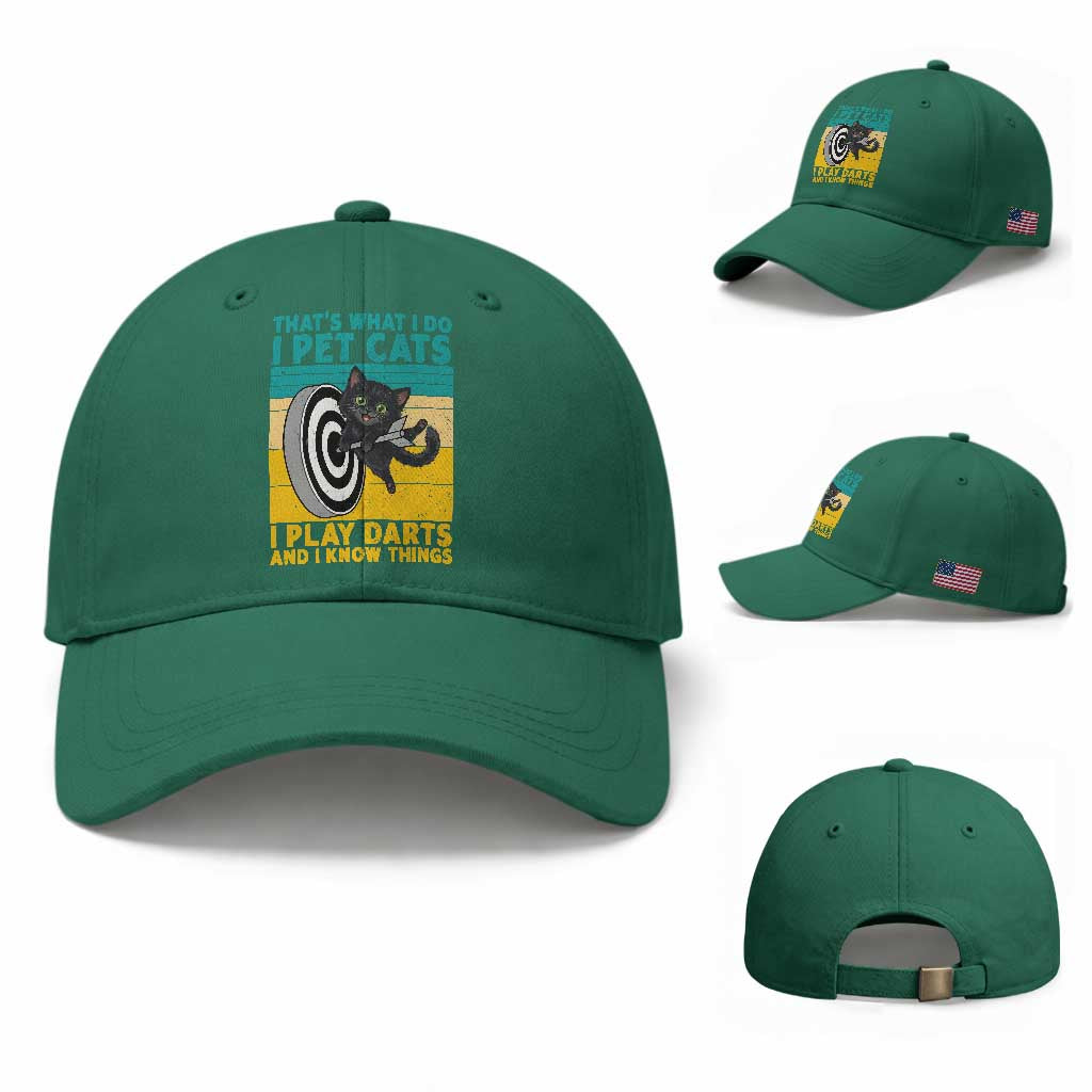 Funny Retro Sunset Cat Darts Baseball Cap I Pet Cats I Play Darts And I Know Things TS12 Baseball Cap Universal Fit Irish Green Print Your Wear