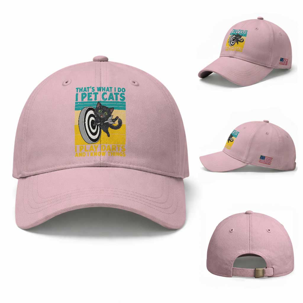 Funny Retro Sunset Cat Darts Baseball Cap I Pet Cats I Play Darts And I Know Things TS12 Baseball Cap Universal Fit Light Pink Print Your Wear