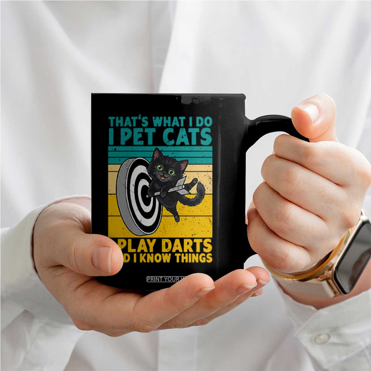 Funny Retro Sunset Cat Darts Coffee Mug I Pet Cats I Play Darts And I Know Things TS12 Print Your Wear