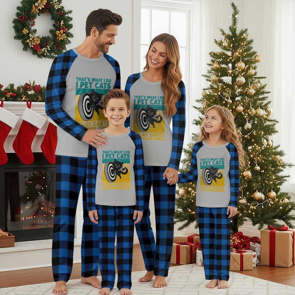 Funny Retro Sunset Cat Darts Plaid Pajama Set I Pet Cats I Play Darts And I Know Things TS12 Blue Plaid Print Your Wear