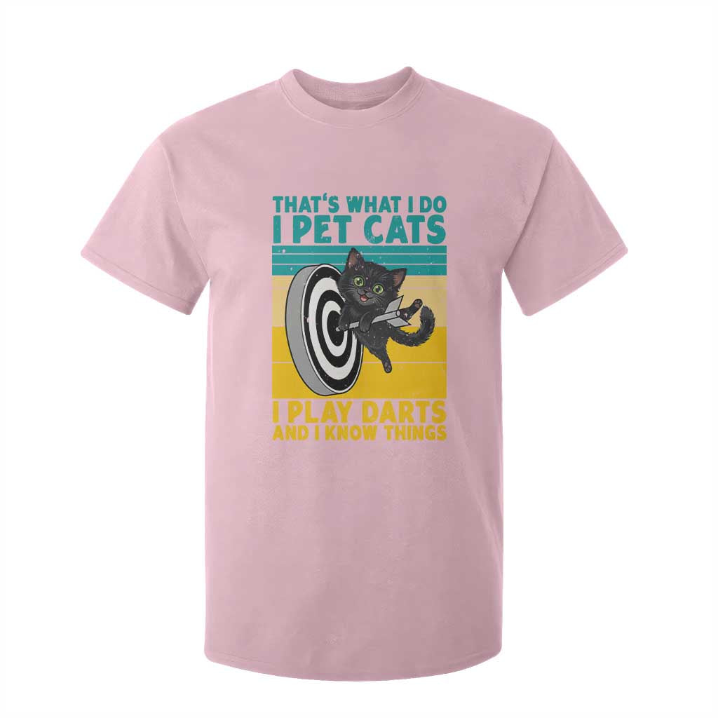 Funny Retro Sunset Cat Darts T Shirt For Kid I Pet Cats I Play Darts And I Know Things TS12 Light Pink Print Your Wear
