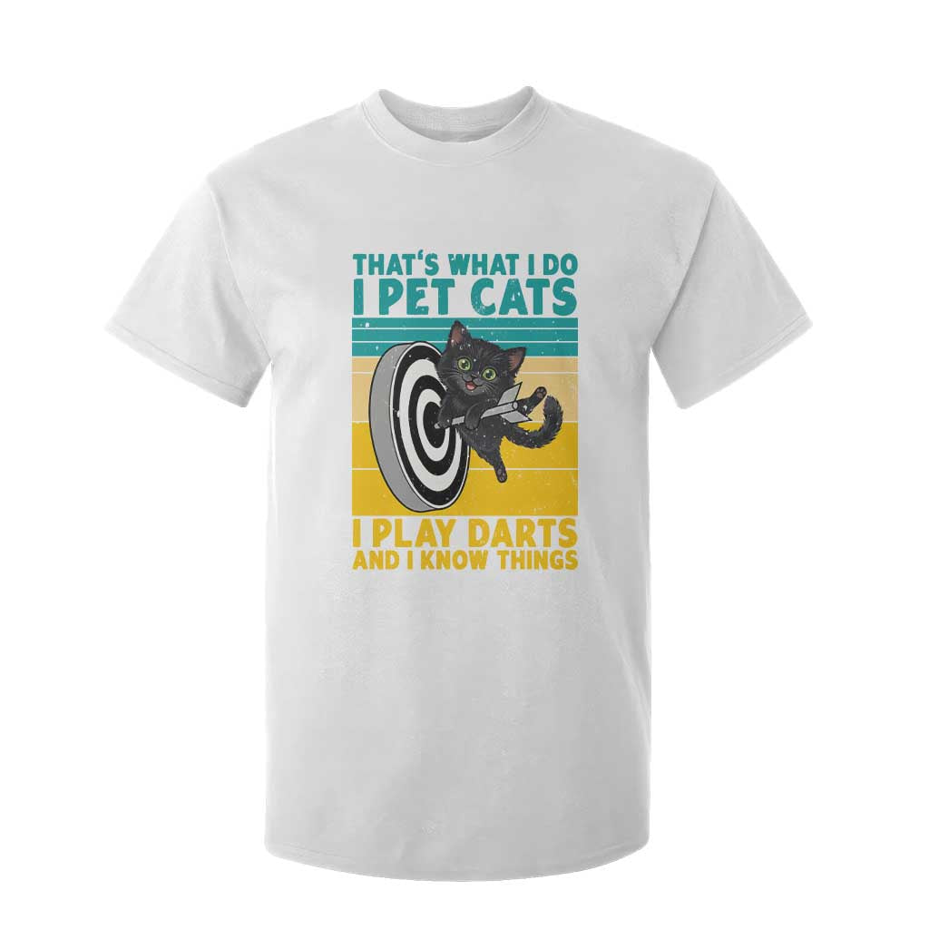 Funny Retro Sunset Cat Darts T Shirt For Kid I Pet Cats I Play Darts And I Know Things TS12 White Print Your Wear