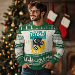 Funny Retro Sunset Cat Darts Ugly Christmas Sweater I Pet Cats I Play Darts And I Know Things TS12 Beige Green Print Your Wear