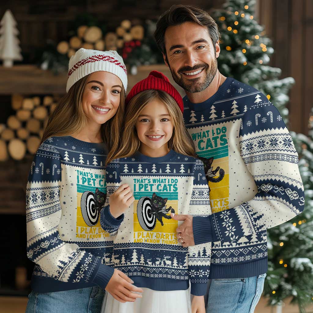 Funny Retro Sunset Cat Darts Ugly Christmas Sweater I Pet Cats I Play Darts And I Know Things TS12 Beige Navy Print Your Wear