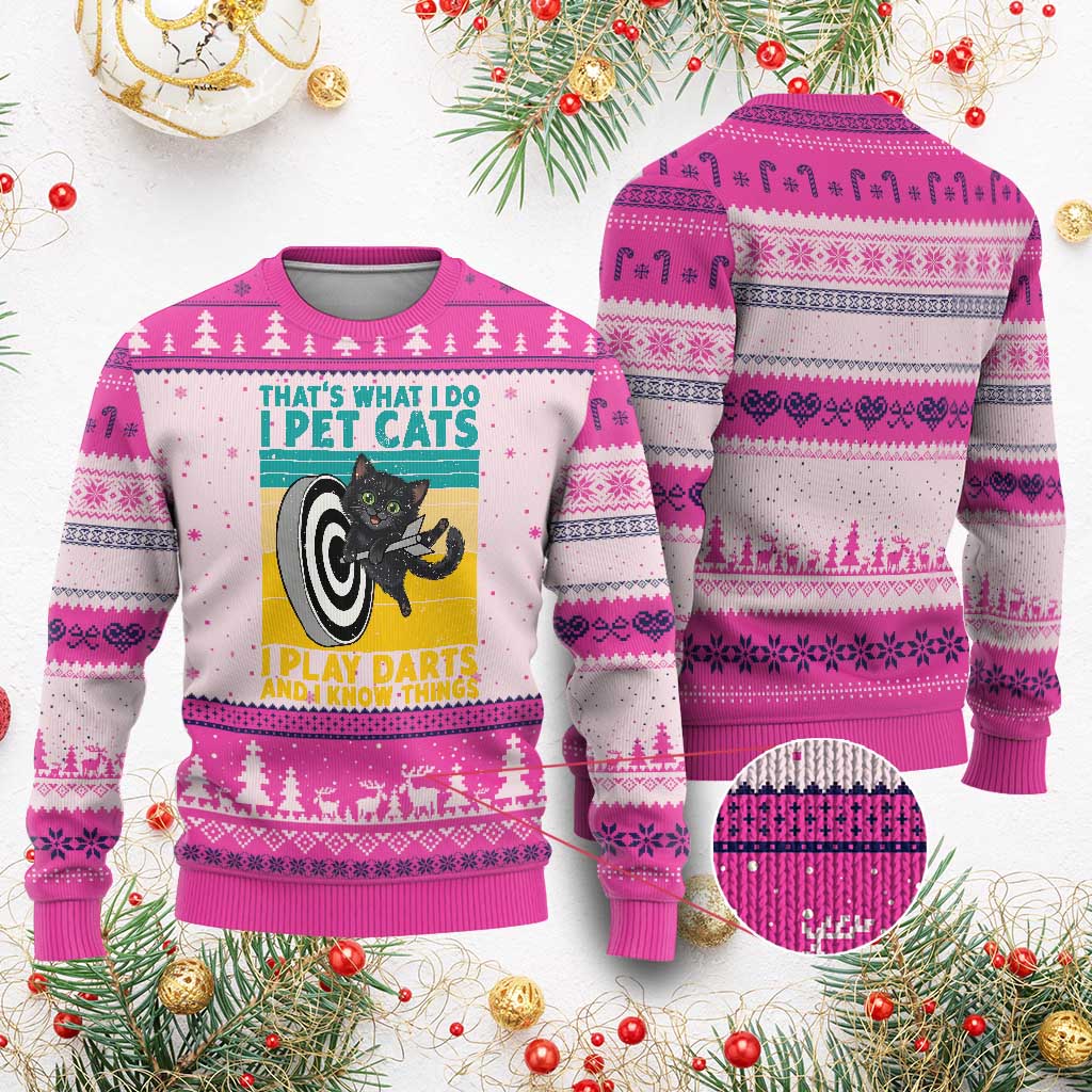 Funny Retro Sunset Cat Darts Ugly Christmas Sweater I Pet Cats I Play Darts And I Know Things TS12 Hot Pink Print Your Wear