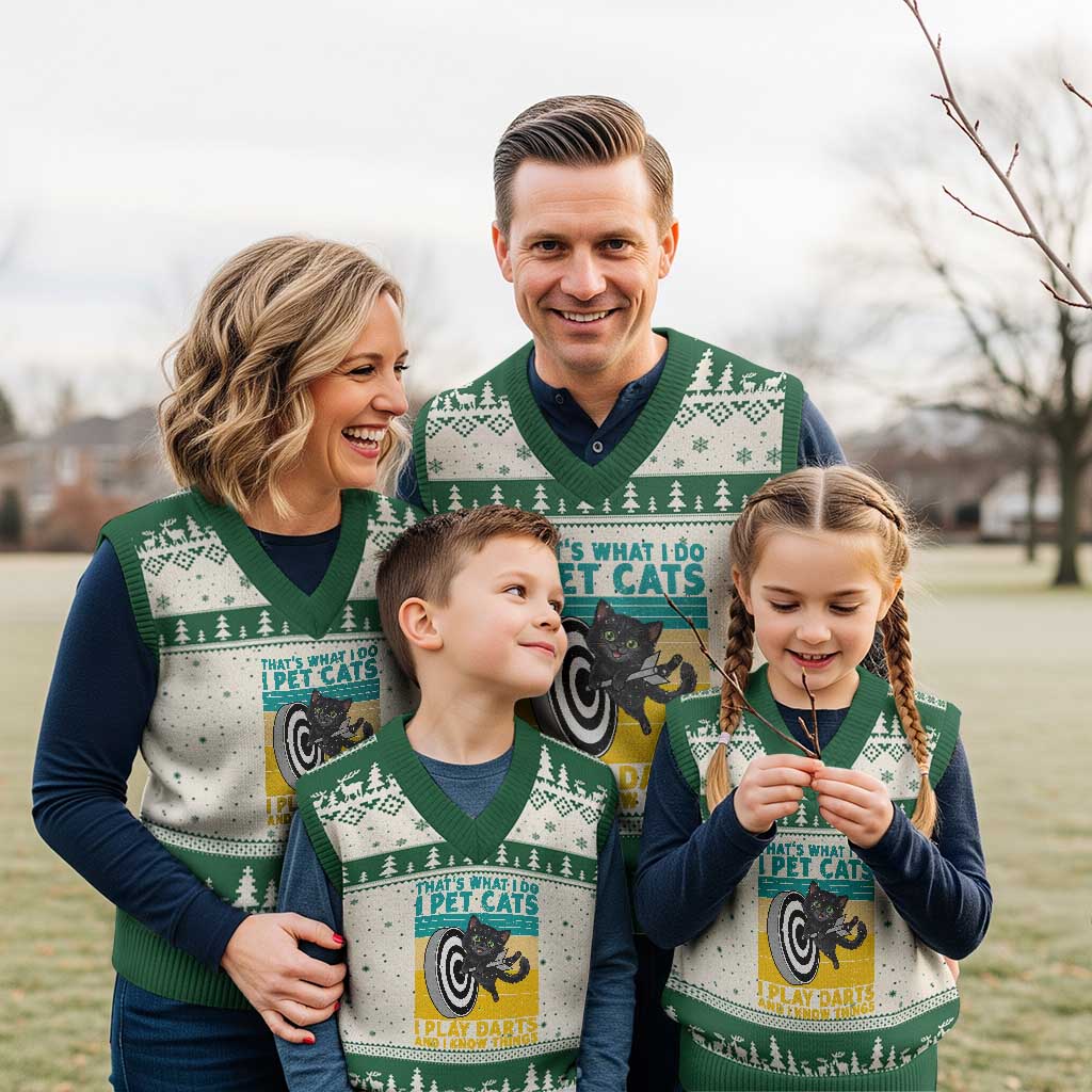 Funny Retro Sunset Cat Darts V-Neck Knit Sweater Vest I Pet Cats I Play Darts And I Know Things TS12 Beige Green Print Your Wear
