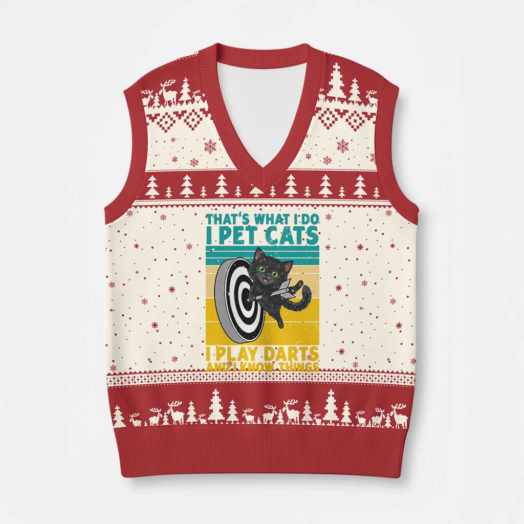 Funny Retro Sunset Cat Darts V-Neck Knit Sweater Vest I Pet Cats I Play Darts And I Know Things TS12 Beige Red Print Your Wear