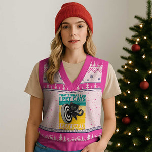 Funny Retro Sunset Cat Darts V-Neck Knit Sweater Vest I Pet Cats I Play Darts And I Know Things TS12 Hot Pink Print Your Wear