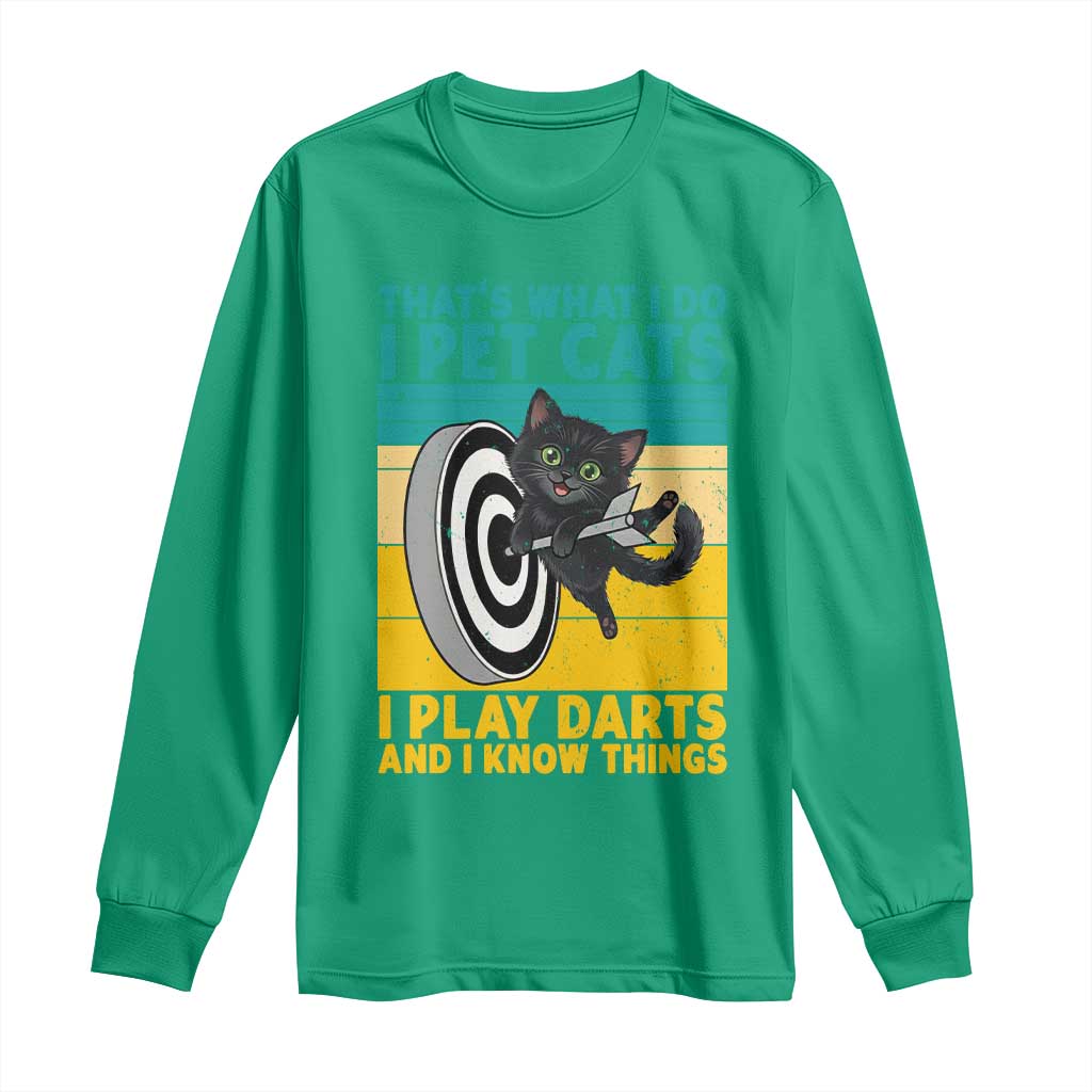 Funny Retro Sunset Cat Darts Long Sleeve Shirt I Pet Cats I Play Darts And I Know Things TS12 Irish Green Print Your Wear