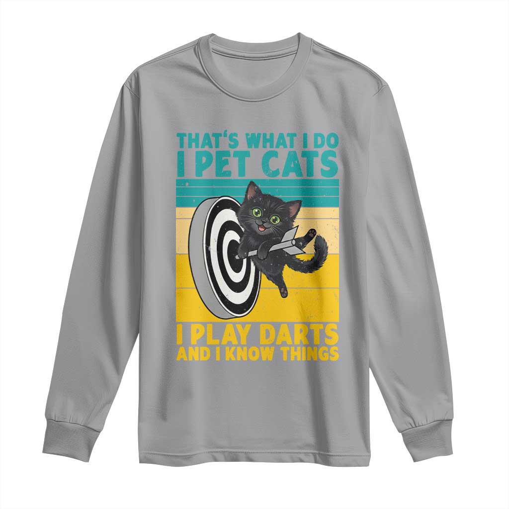 Funny Retro Sunset Cat Darts Long Sleeve Shirt I Pet Cats I Play Darts And I Know Things TS12 Sport Gray Print Your Wear