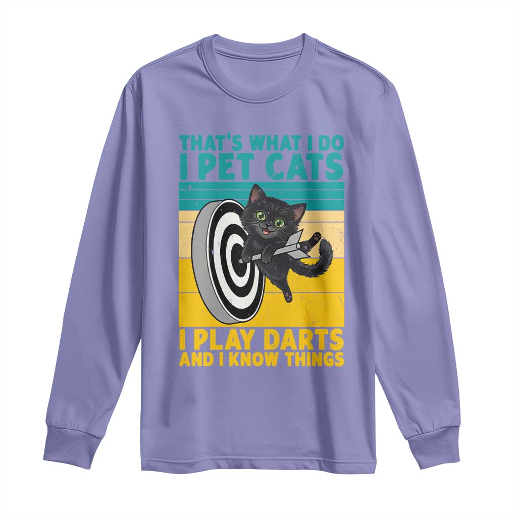 Funny Retro Sunset Cat Darts Long Sleeve Shirt I Pet Cats I Play Darts And I Know Things TS12 Violet Print Your Wear