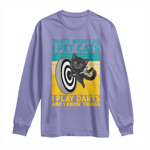 Funny Retro Sunset Cat Darts Long Sleeve Shirt I Pet Cats I Play Darts And I Know Things TS12 Violet Print Your Wear