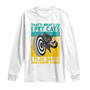 Funny Retro Sunset Cat Darts Long Sleeve Shirt I Pet Cats I Play Darts And I Know Things TS12 White Print Your Wear