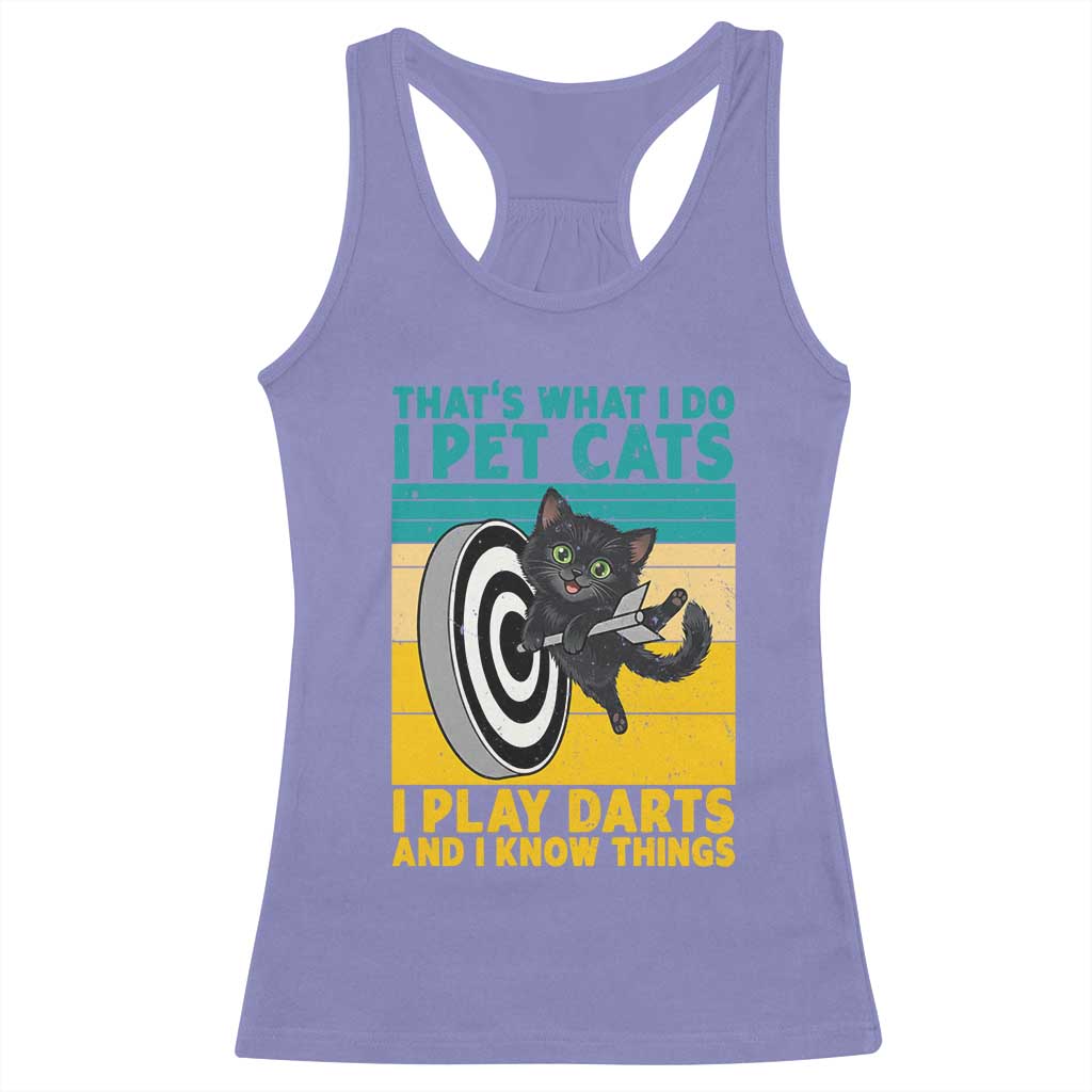 Funny Retro Sunset Cat Darts Racerback Tank Top I Pet Cats I Play Darts And I Know Things TS12 Violet Print Your Wear