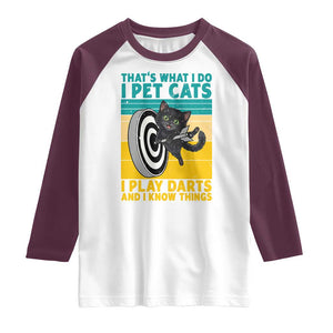 Funny Retro Sunset Cat Darts Raglan Shirt I Pet Cats I Play Darts And I Know Things TS12 White Maroon Print Your Wear